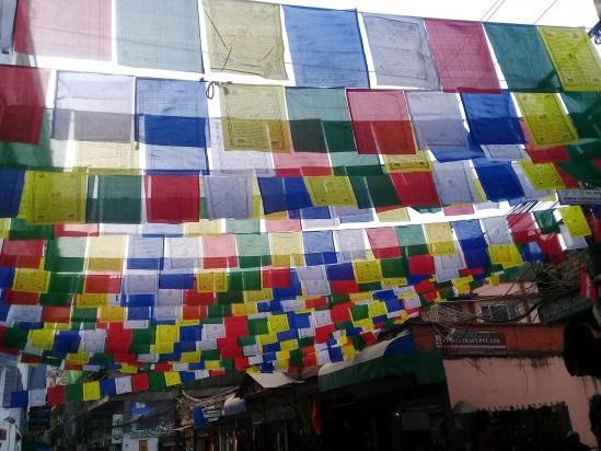 Déploiement de guirlandes de drapeaux dans les rues de Thamel (Katmandou)