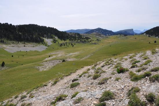 Vue arrière sur la plaine de la Queyrie depuis les pentes sous le Pas des Bachassons