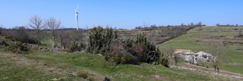 Sur le plateau des éoliennes de Freyssenet en aval de la ferme de Malescot