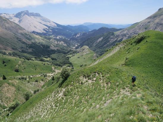 Dans la descente de la Tête de Haute Lus avec la montagne d'Aurouze à l'horizon