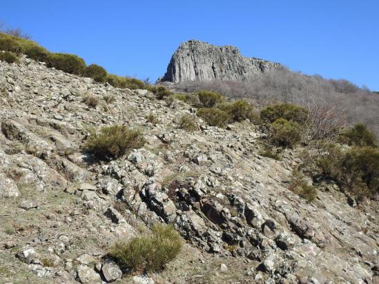 Depuis le chemin entre les fermes de Gourdon et de l'Auriol, les orgues basaltiques de la Roche