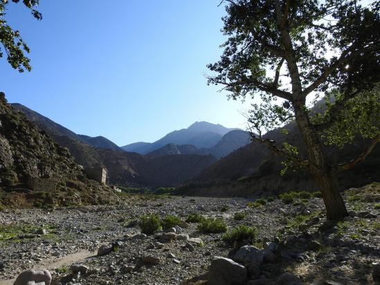 Au petit matin, vue en enfilade de la vallée de Tourcht dominée par l'adrar Meltsène