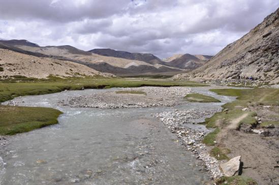 A la sortie du défilé, on s'engage dans la grande cuvette herbeuse en direction du Yalung Nyau La