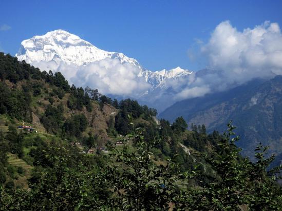 A Pakhapani au-dessus de la vallée de la Rahughat khola -au fond, Dhaulagiri I et Tukuche)