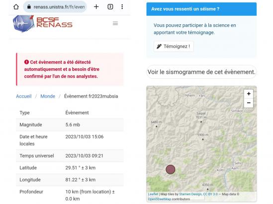 Seisme nepal 3 octobre 15h06